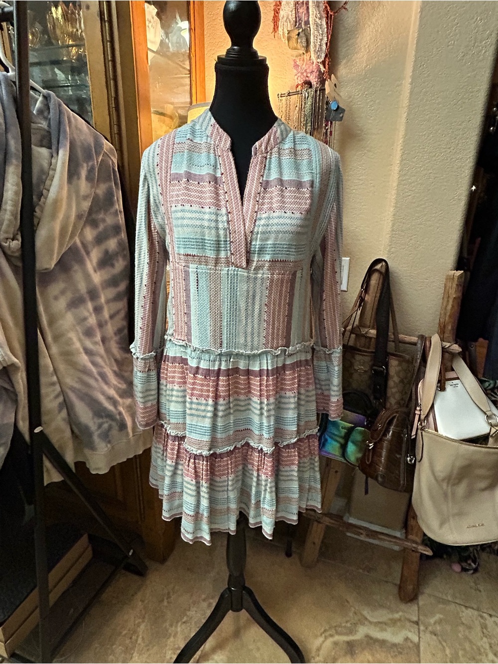 Striped Tiered V-Neck Mini Dress in Pink & Light Blue